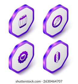 Set Isometric Wooden barrel, Dried fish, Bottle opener and Hotdog sandwich icon. Purple hexagon button. Vector