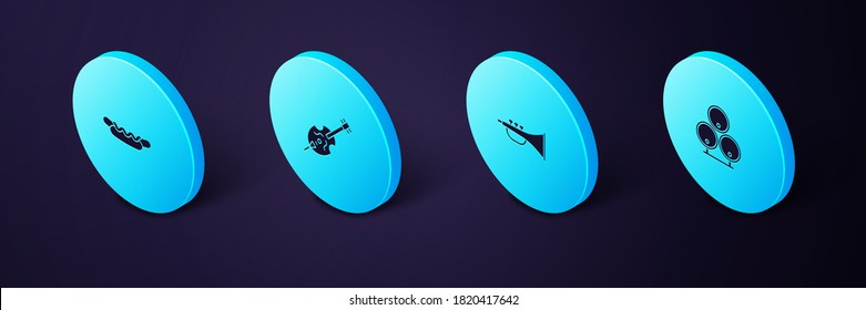 Set Isometric Wooden barrels, Musical instrument trumpet, Violin and Hotdog sandwich icon. Vector.