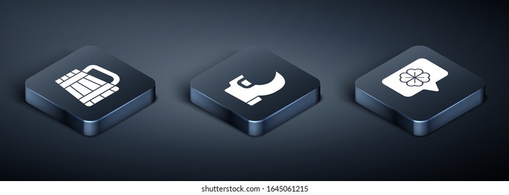 Set Isometric Wooden beer mug, Four leaf clover in speech bubble and Tradition leprechaun boots icon. Vector