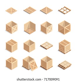 Set of isometric wooden boxes and pallets. 3d wooden containers on pallets. Open and closed boxes isolated on white background. Vector illustration.