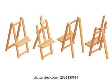 Set of isometric wooden easel stand. Empty easel without artboard. Tripod for artist drawing. Vector illustration isolated on white background.