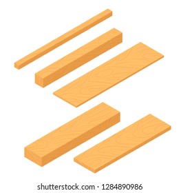 Set of isometric wooden planks, stack of bars and lumber beam, pile of wooden logs timber. Planks for construction vector flat illustration