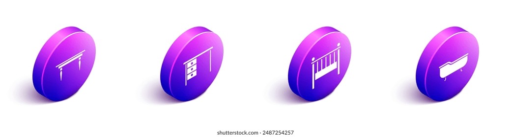 Set Mesa de madera isométrica, escritorio de oficina, cuna de cuna de bebé y icono de bañera. Vector