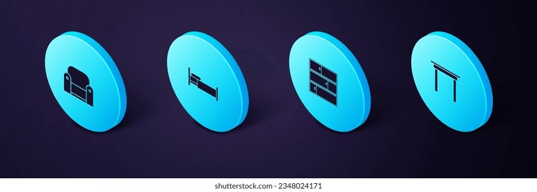 Indique la mesa de madera isométrica, el estante, la cama y el icono del sillón. Vector