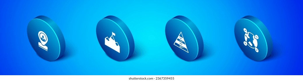 Set Isometric Worker location, Pyramid chart infographics, Location the globe and Mountains with flag icon. Vector