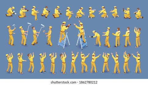 Set of isometric Workers. Repairers in overall, various poses, standing, working. Builder Isolated on blue.  Collection with construction workers team. Masters, tools. Vector flat 3D isometric set.