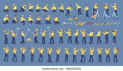 Set of isometric Workers. Repairers in overall, various poses, standing, working. Builder Isolated on blue. Collection with construction workers team. Masters, tools. Vector flat 3D isometric set. svg