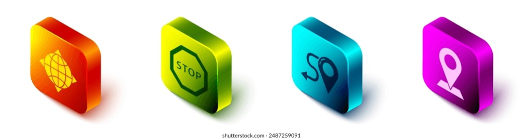 Establecer mundo isométrico con brújula, señal de parada, ubicación de la ruta e icono de Locación. Vector