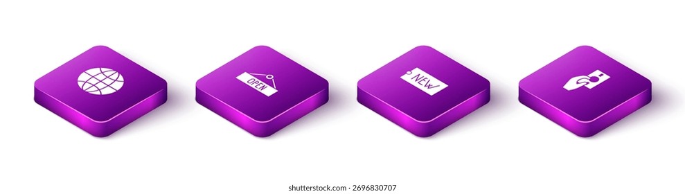 Defina Isometric Worldwide, sinal de suspensão com aberto, texto da etiqueta de preço Novo e mão segurando ícone de dinheiro. Vetor