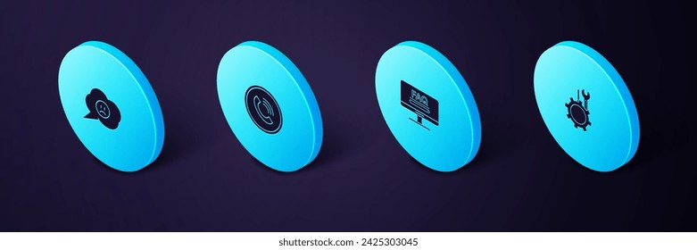 Set Isometric Wrench and screwdriver in gear, Monitor with FAQ information, Phone call and Speech bubble sad smile icon. Vector