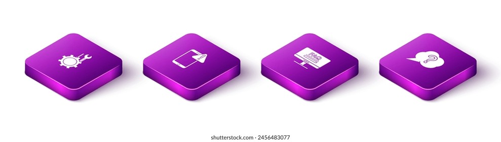Set Isometric Wrench and screwdriver in gear, Mobile with exclamation mark, Monitor FAQ information and Speech bubble Question icon. Vector