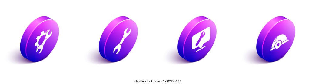 Set Isometric Wrench spanner and gear, Wrench spanner, Location with wrench spanner and Worker safety helmet icon. Vector