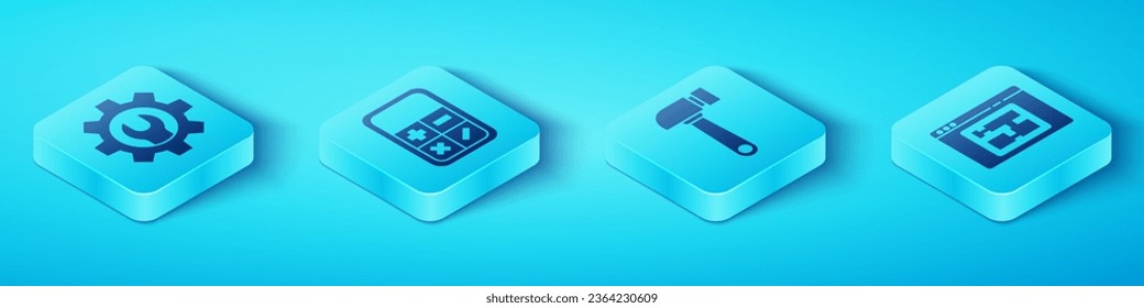 Set Isometric Wrench spanner and gear, Calculator, House plan and Hammer icon. Vector