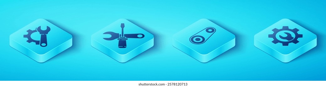 Set Isometric Wrench spanner and gear, Screwdriver and wrench spanner, Wrench spanner and gear and Timing belt kit icon. Vector