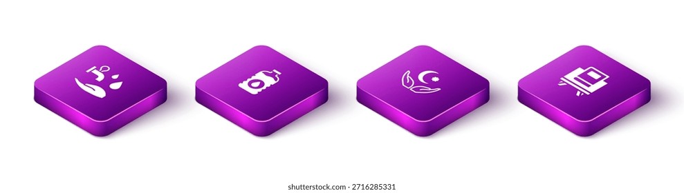 Conjunto de Wudhu isométrico, botella de agua, estrella y media luna e icono de libro sagrado Corán. Vector