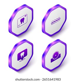 Definir Raios X Isométricos do dente, Dentes com aparelho ortopédico, Localização da clínica dentária e Ícone do refletor de cabeça otorrinolaringológico. Botão hexágono roxo. Vetor