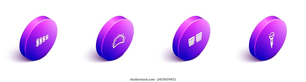 Set Isometric Xylophone, Tambourine, Drum and Microphone icon. Vector