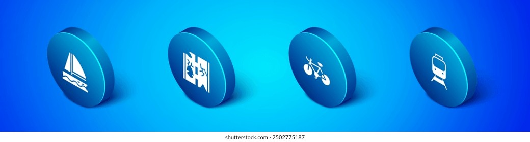 Set Isometric Yacht sailboat, Bicycle, Train and railway and Broken road icon. Vector