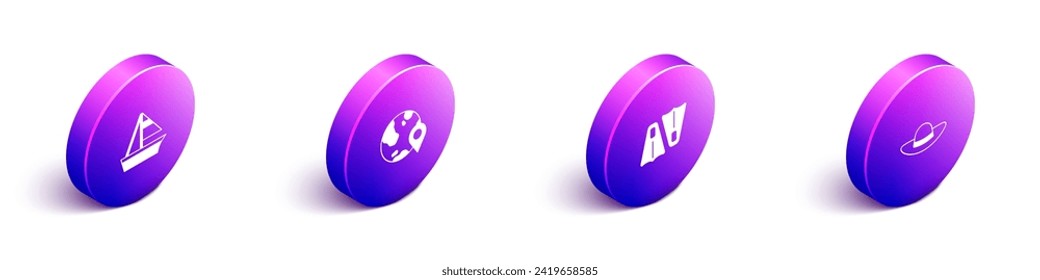 Set Isometric Yacht sailboat, Location on the globe, Rubber flippers for swimming and Elegant women hat icon. Vector