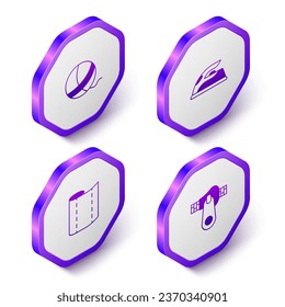 Set Isometric Yarn ball, Electric iron, Textile fabric roll and Zipper icon. Purple hexagon button. Vector