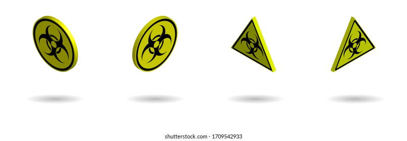 set of isometric yellow biohazard signs and quarantine zones on transparent background