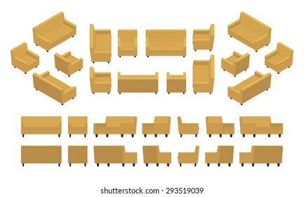 Set von isometrischen gelben, modernen Sesseln und Sofas. Die Objekte sind einzeln auf weißem Hintergrund und von verschiedenen Seiten angezeigt