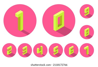 Set of isometric yellow numerals 0-9 with shadow in pink color circle