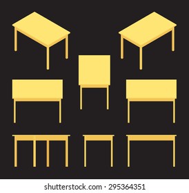 Set of the isometric yellow tables. The objects are isolated against the black background and shown from different sides