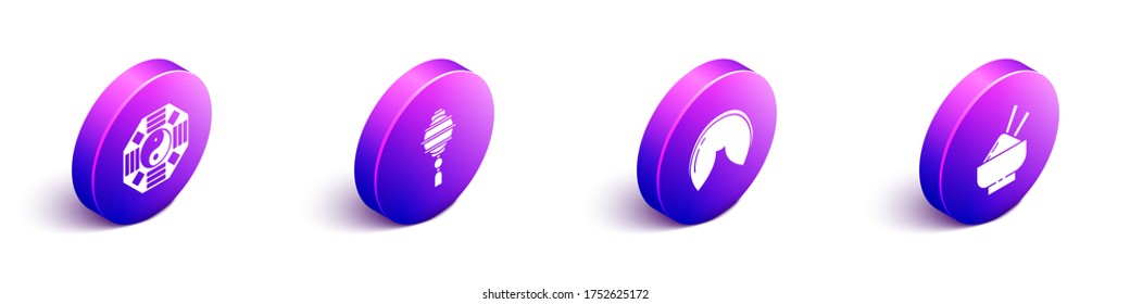 Set Isometric Yin Yang, Chinese paper lantern, Chinese fortune cookie and Rice in a bowl with chopstick icon. Vector