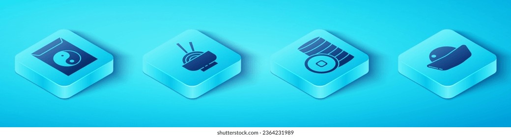 Set Isometric Yin Yang and envelope, Asian noodles in bowl, Sushi and Chinese Yuan currency icon. Vector