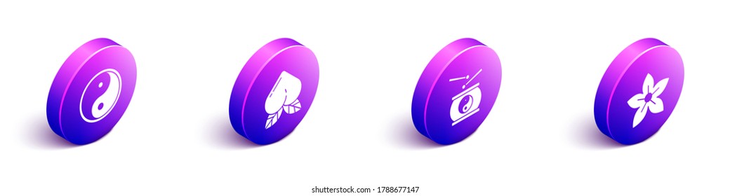 Set Isometric Yin Yang, Peach fruit, Chinese drum and Lotus flower icon. Vector