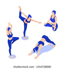 Set of isometric yoga poses, girl practice meditation and balanc