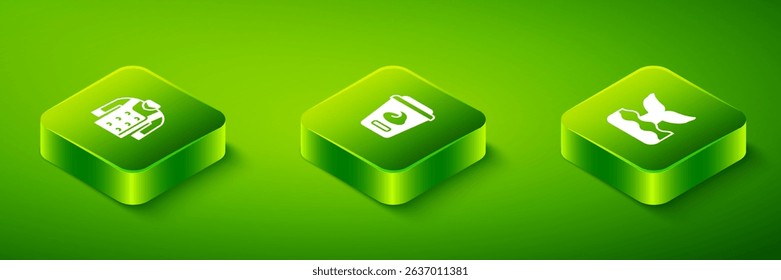 Set Isometric Yogurt container, Whale tail and Sweater icon. Vector