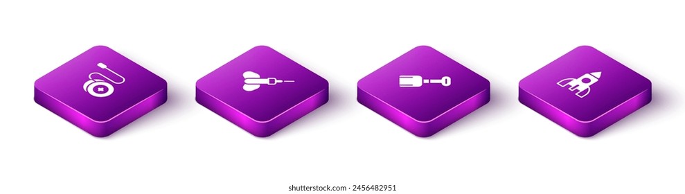 Set Isometric Yoyo toy, Dart arrow, Shovel and Rocket ship icon. Vector