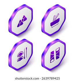 Set Isometric Zongzi in bamboo steamer, Asian noodles bowl, Dumpling with chopsticks and Guotie icon. Purple hexagon button. Vector