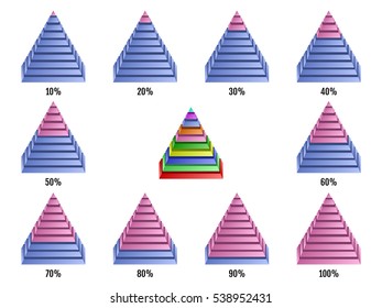 Set of isometry symmetrical pyramid charts. Elements for infographics. Vector