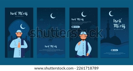 set of Isra Miraj Islamic day icons for Social Media Story Collection Template with lantern, moon concept on dark blue background. Foto stock © 