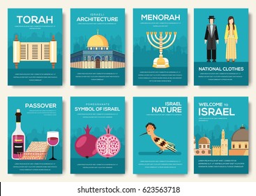 Set of Israel country ornament travel trip concept. Art traditional, magazine, book, poster, abstract, banners, element. Vector decorative ethnic greeting card or invitation design background