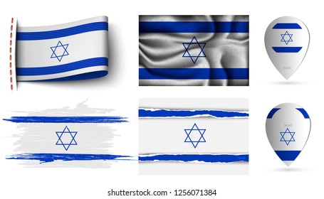 set of israel flags collection isolated on white