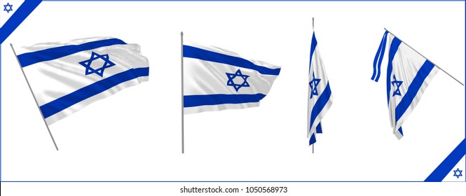 Set of Israel state waving flag in solemn or proud style. Vector illustration.