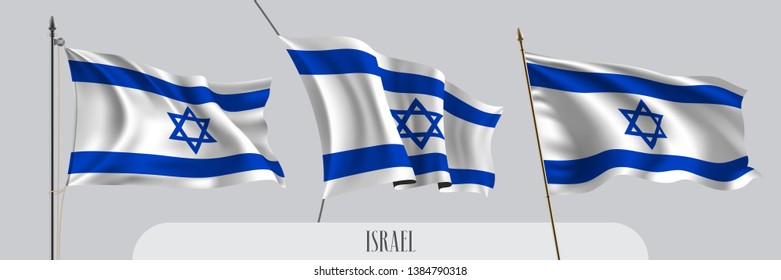 Set of Israel waving flag on isolated background vector illustration. 3 white blue and David star Israeli wavy realistic flag as a patriotic symbol 