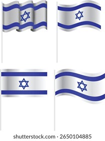 Set of Israeli Flags Waving on a White Background. Israeli flag waving in the wind. Vector illustration. The national symbol of Israel, the Star of David, is prominently displayed.