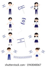 Set of Israeli kids characters with Blue White Israeli flags on White background