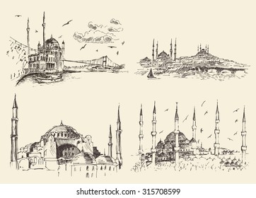 Set of Istanbul famous landmarks, Turkey, vintage engraved illustration, hand drawn