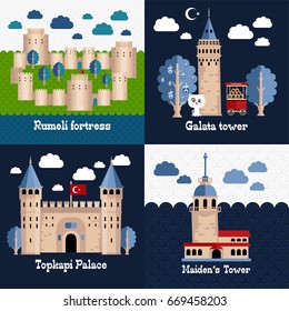 Set of Istanbul touristic and historical places. Galata Tower, Topkapi Palace, Maiden's Tower, Rumeli Fortress (castle), Bagel (simit) car, Van cat vector illustration