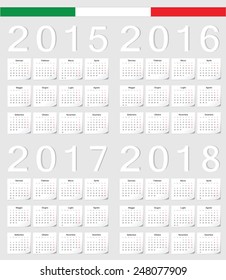 Set of Italian 2015, 2016, 2017, 2018 vector calendars with shadow angles. Week starts from Monday.