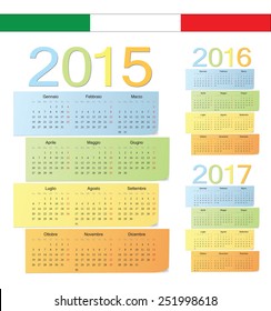 Set of Italian 2015, 2016, 2017 color vector calendars. Week starts from Monday.