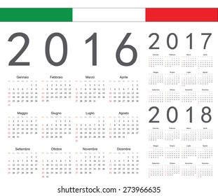 Set of Italian 2016, 2017, 2018 year vector calendars. Week starts from Sunday.