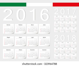 Set of Italian 2016, 2017, 2018 vector calendars with shadow angles. Week starts from Sunday.