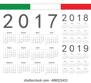 Set of Italian 2017, 2018, 2019 year vector calendars. Week starts from Sunday.